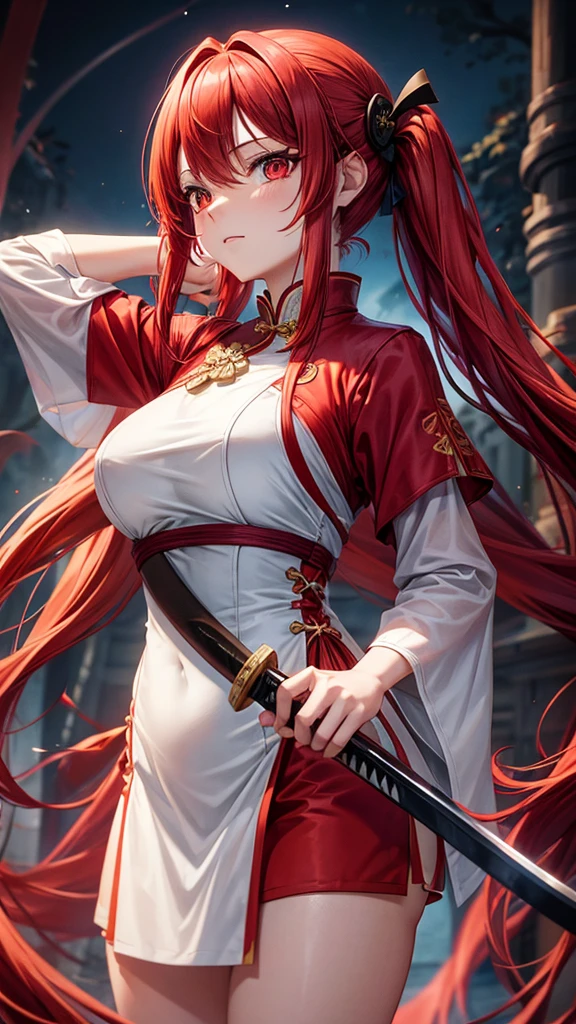 Woman, adult, long red hair, twin tails, red gliwing eyes, short white Chinese dress, large , holding a katana