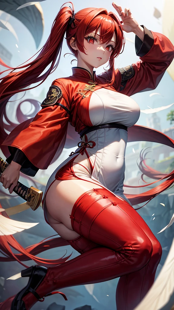 Woman, adult, long red hair, twin tails, red gliwing eyes, short white Chinese dress, large breasts, holding a katana