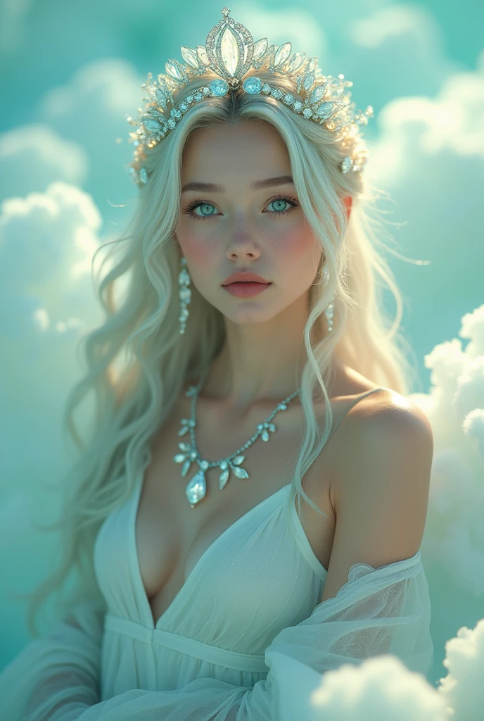 Emphasizing the combination of mint-colored cotton candy clouds, beautiful transparent jewelry, glow from jewelry, a full-body shot of the beautiful goddess of hope, mysterious, mysterious lighting, harmony of fog filters, white, mint, silver, full shot, detail, artwork, deep gaze high definition