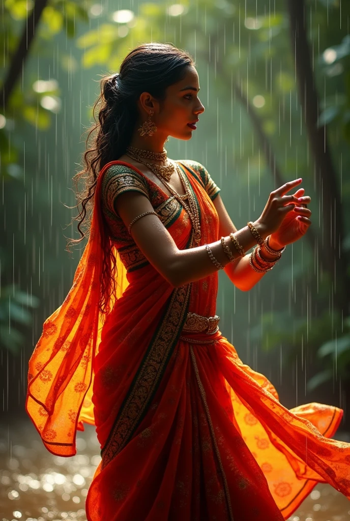a beautiful indian girl dancing in the rain, mesmerizing dance moves, wet hair flowing, glowing skin, graceful posture, intricate sari, shimmering in the rain, dramatic rain effects, cinematic lighting, vibrant colors, dreamlike atmosphere, masterpiece, high quality, ultra detailed, photorealistic