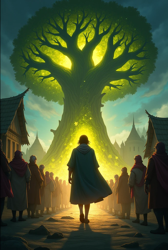 A brave  with a determined look, walking towards the Magic Tree. The tree’s glow brightens as she gets closer, and the surrounding villagers watch her with a mix of excitement and concern.