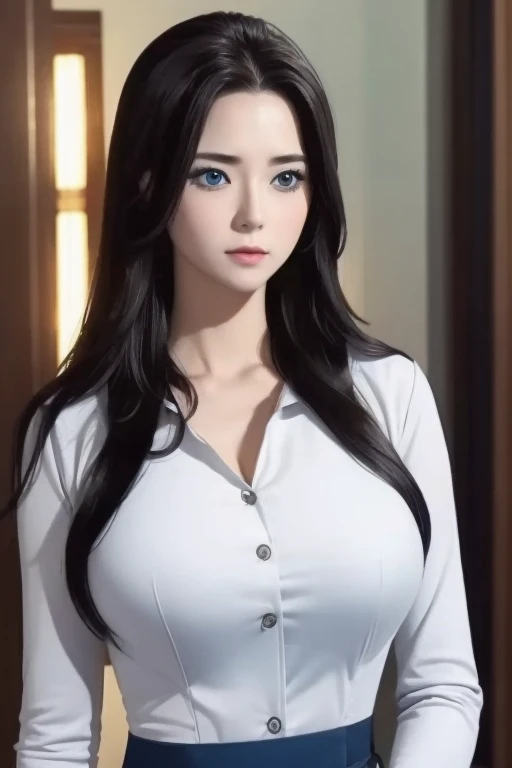 Best quality at best,,Reslisticstyle,Colossal tits:1.5, shin yuna, black hair, Long Straight hair,  blue eyes