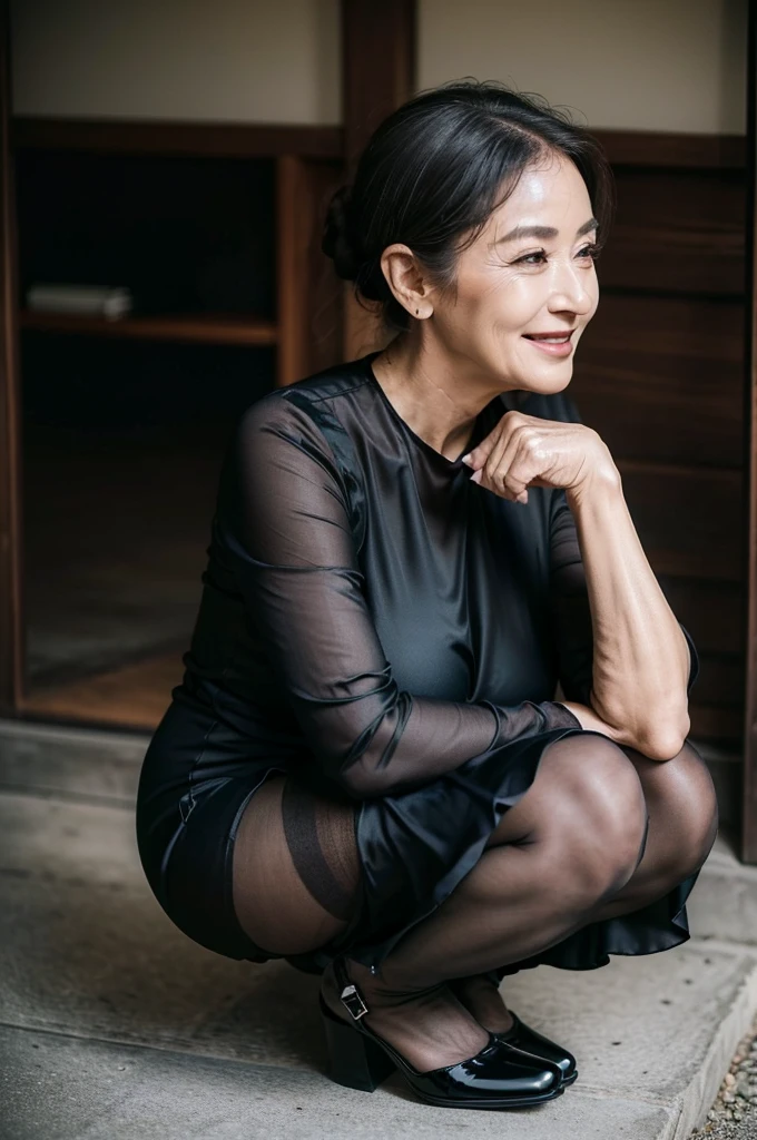 (masterpiece:1.4),(Beautiful 63 year old woman:1.5),(Facial wrinkles : 1.2), (facing away : 1.1), happy, smile, (hair tied up : 1.1), (long black mourning dress), (black nylon tights : 1.2), (black high-heel), Motherhood Mature Woman, plump arms, plump thighs, plump calf, perfect calf, (focus on calf : 1), squatting , on knees, entrance, japanese house