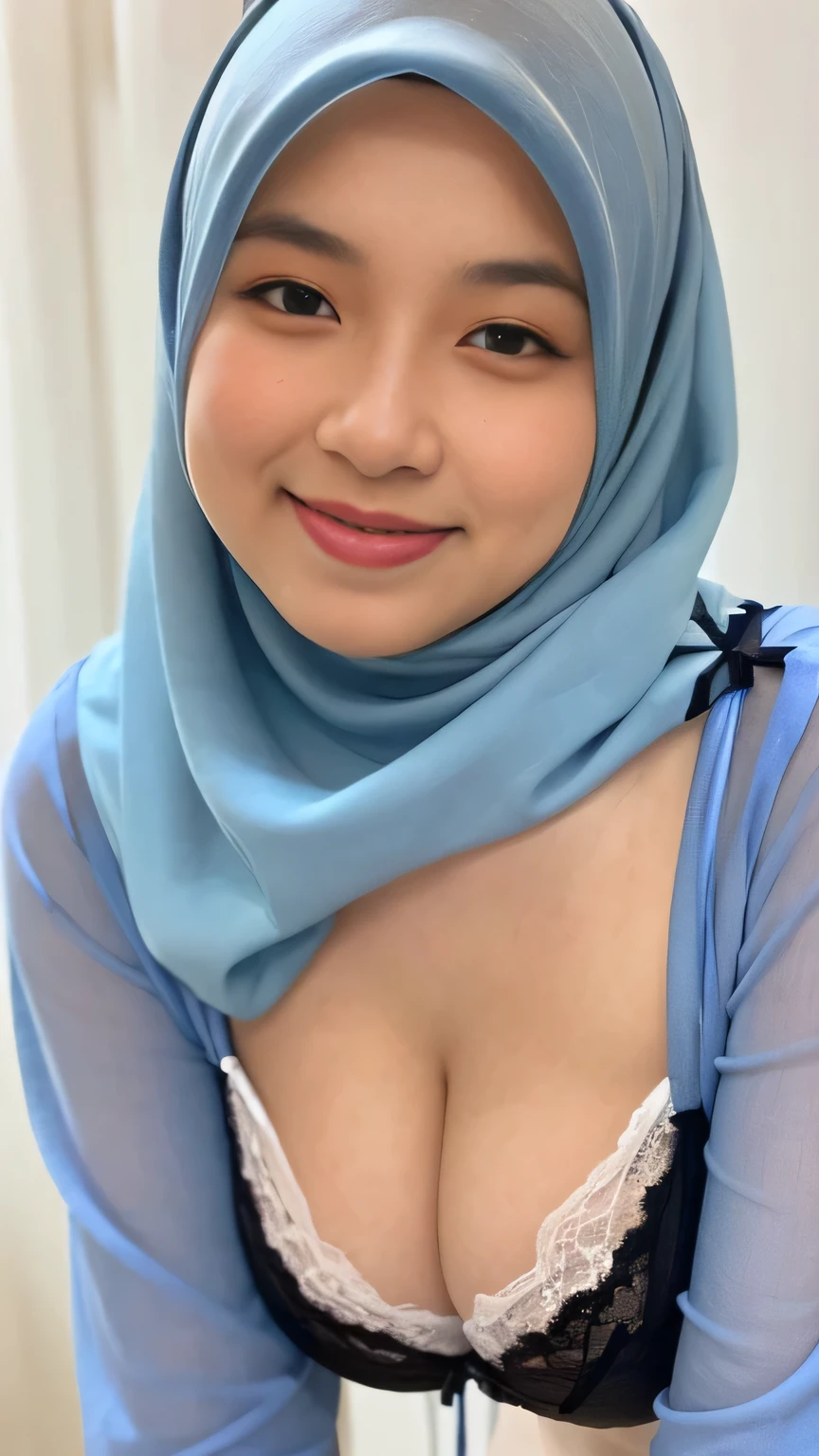 Malay girl in hijab, (black lace lingerie), (black mesh lingerie and thong), almost naked, cleavage exposed, portrait photography, cleavage, sexy, mid shot photo, ultra detail, professional photograph with professional lighting, smile, light blue studio background, nsfw, (pov, bend over, all four , NFSW,  view from front, facing camera,