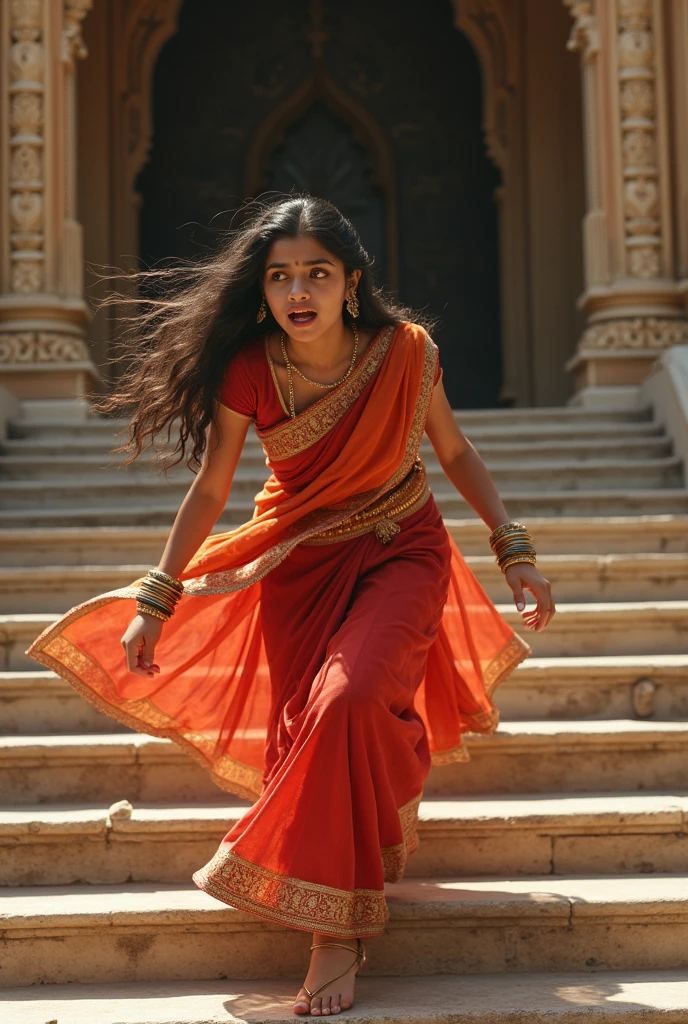 A girl in saaree tripping off the stairs