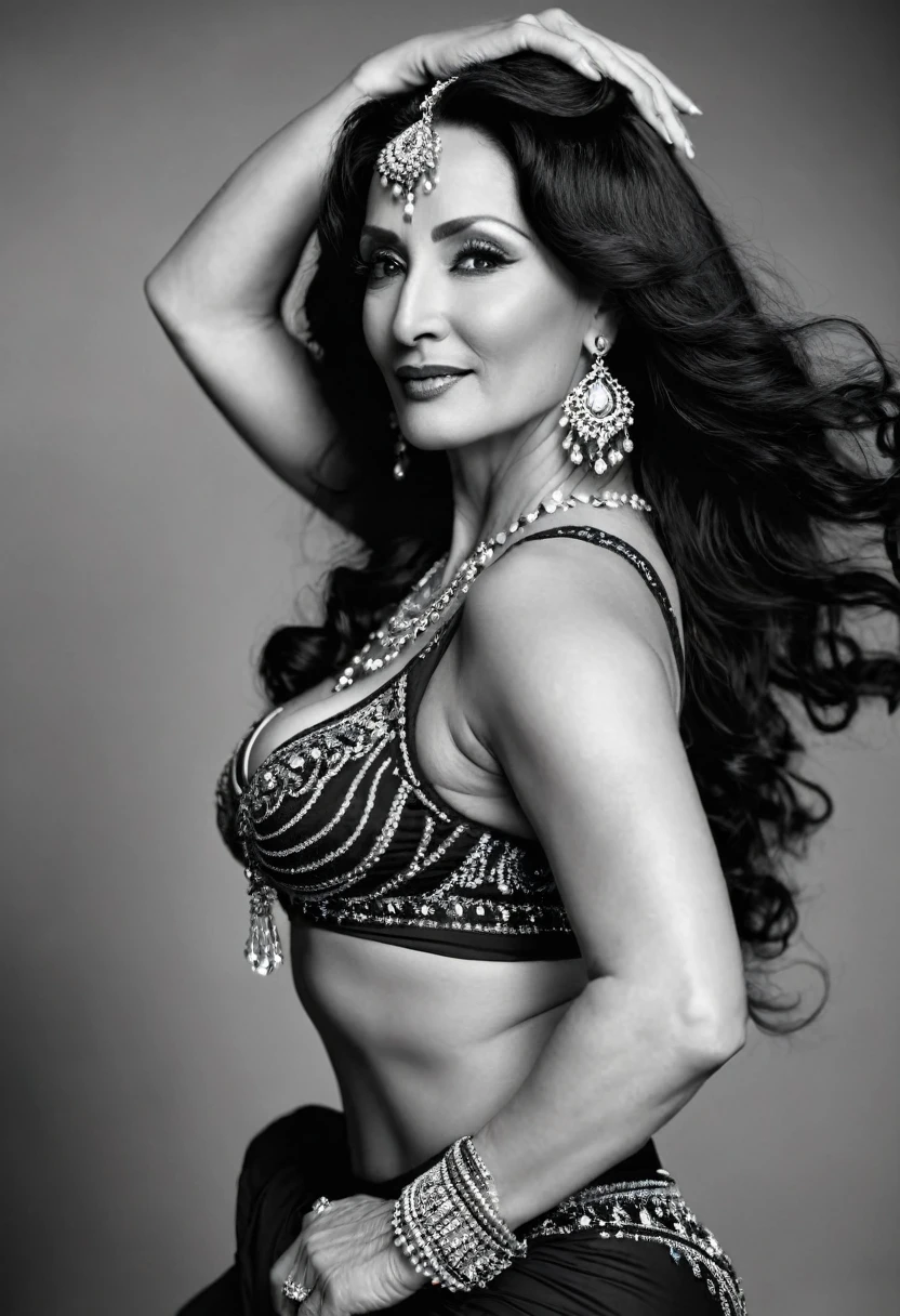 Arabia in the 1930s, a beautiful mature woman in her fifties, with long black hair, gently wavy, and a voluptuous body. She is a belly dancer, sensual and provocative, wearing a gorgeous dance costume and gorgeous jewelry and hair accessories, dancing on stage, heat and sweat, the camera focuses on the movement of her waistline. photo noir, in black and white, strong shadows, professional lighting, professional camera, more move.