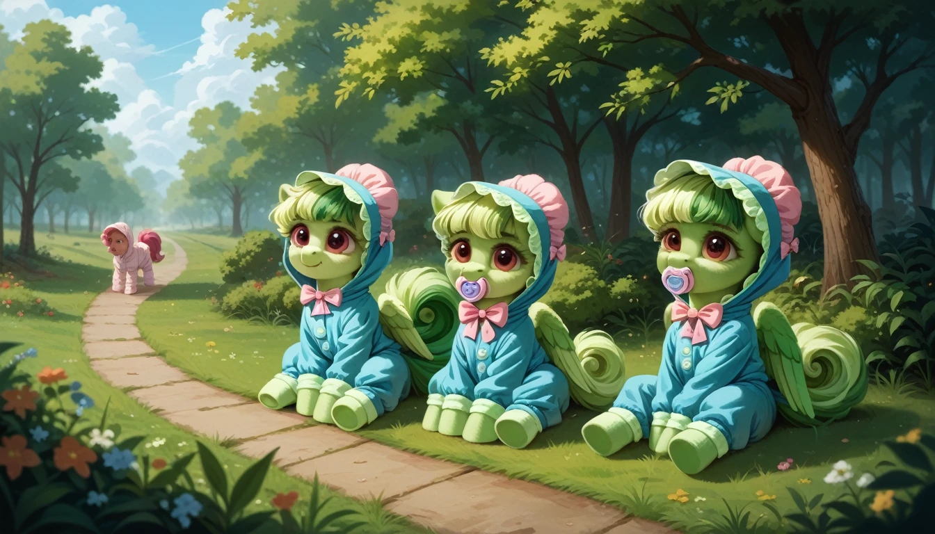 pony, Pegasus, adult filly, emerald green fur, a lush mane, gathered in a bonnet, fluffy tail with a bow, sitting outside, dressed in a onesie and booties, pacifier in mouth, solo, thick diaper under clothes.