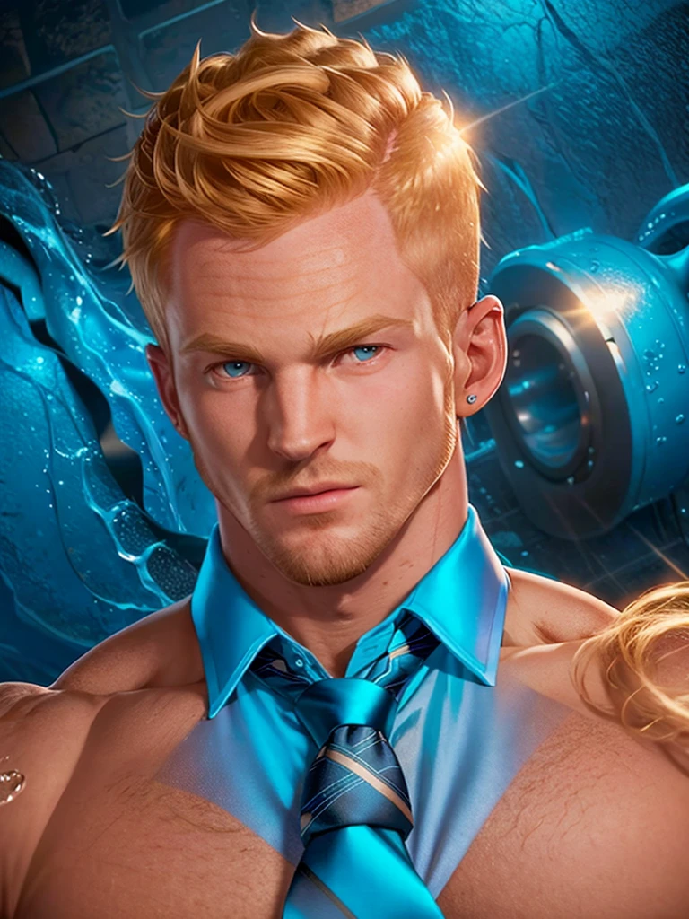 Bokeh mirage. Sharp, detailed photo of a bodybuilder with blonde hair in a blue satin shirt and wide tie and thick tie knot. beard. Tanned. Strong jawline. Ice blue eyes Sexy. Masculine. Hunk. Real. Human. Water environment Full shot. CGI. CEO. 8k resolution. Unreal engine 5. Model. High fashion. Men’s magazine cover shoot. 3D. HD.