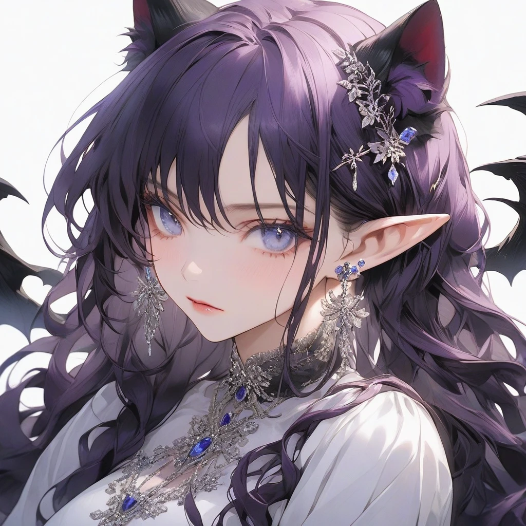high resolution, Masterpiece, Anatomically correct, precise, qualityที่ดีที่สุด, quality, 1 woman, Age 20 years,very long hair, dark purple hair, blue eyes, Uneven hairstyles, big breasts, earring, Dark makeup, A cold expression., simple background, Close-up photography, decorations, Anime style, Luxury dress  , vampire , elf ears