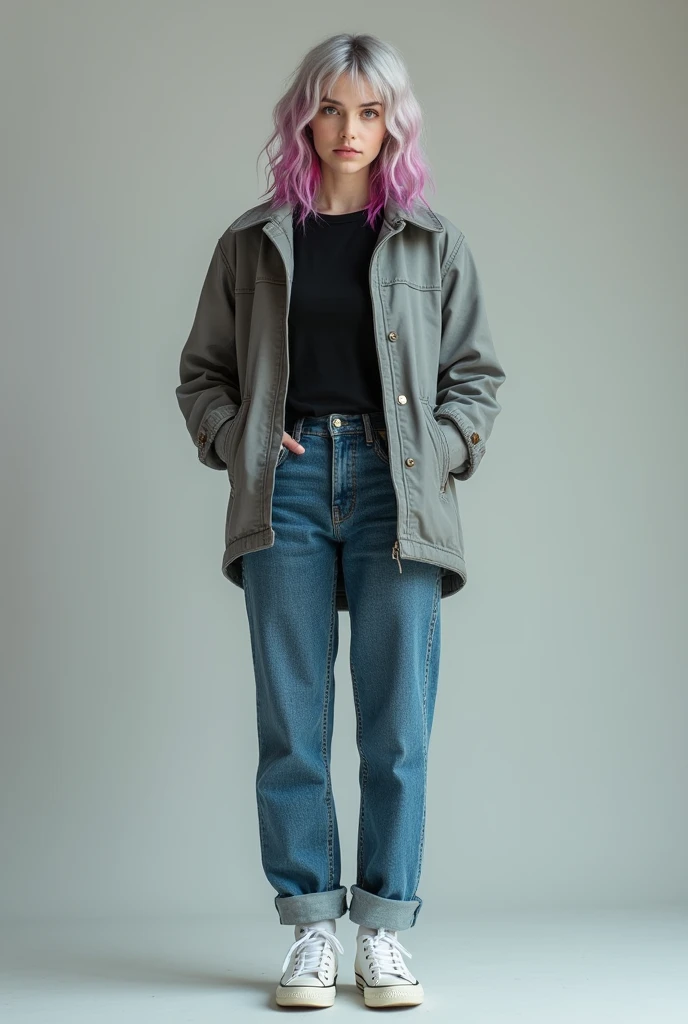 Girl Height: 5'10
Hair color: Grey and Rainbow
Eye color: Dark Pink
Clothes: Grey Jacket, black shirt, blue jeans, white converse shoes