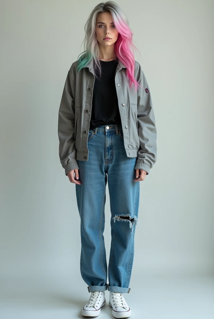 Girl Height: 5'10
Hair color: Grey and Rainbow
Eye color: Dark Pink
Clothes: Grey Jacket, black shirt, blue jeans, white converse shoes