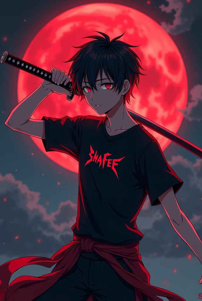 Anime boy black red mixing hair, katana pose, wearing a t-shirt "SHAFEE" written in the tshirt, age 15 , shining red eyes, aura infinity, handsome, night, red moon , pantone soothing sea