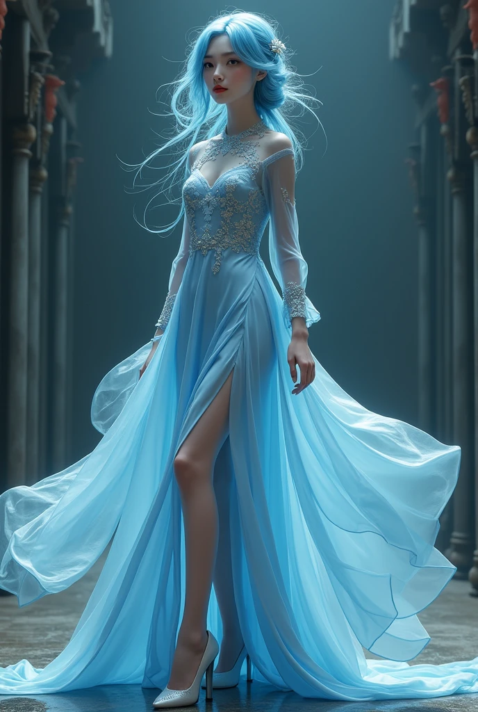 8K, Surrealism, masterpiece, best quality, Super detailed, high resolution, Random Background, 1 girl, (:1.5), Yao Liuer, Blue cheongsam,translucent,Blue Hair,Standing,whole body,High heel,High heel,whole body,white silk