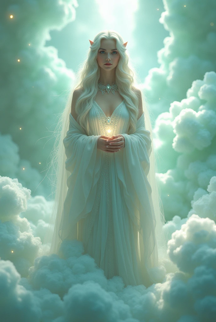 Emphasizing the combination of mint-colored cotton candy clouds, beautiful transparent jewelry, glow from jewelry, a full-body shot of the beautiful goddess of hope, mysterious, mysterious lighting, harmony of fog filters, white, mint, silver, full shot, detail, artwork, deep gaze high definition