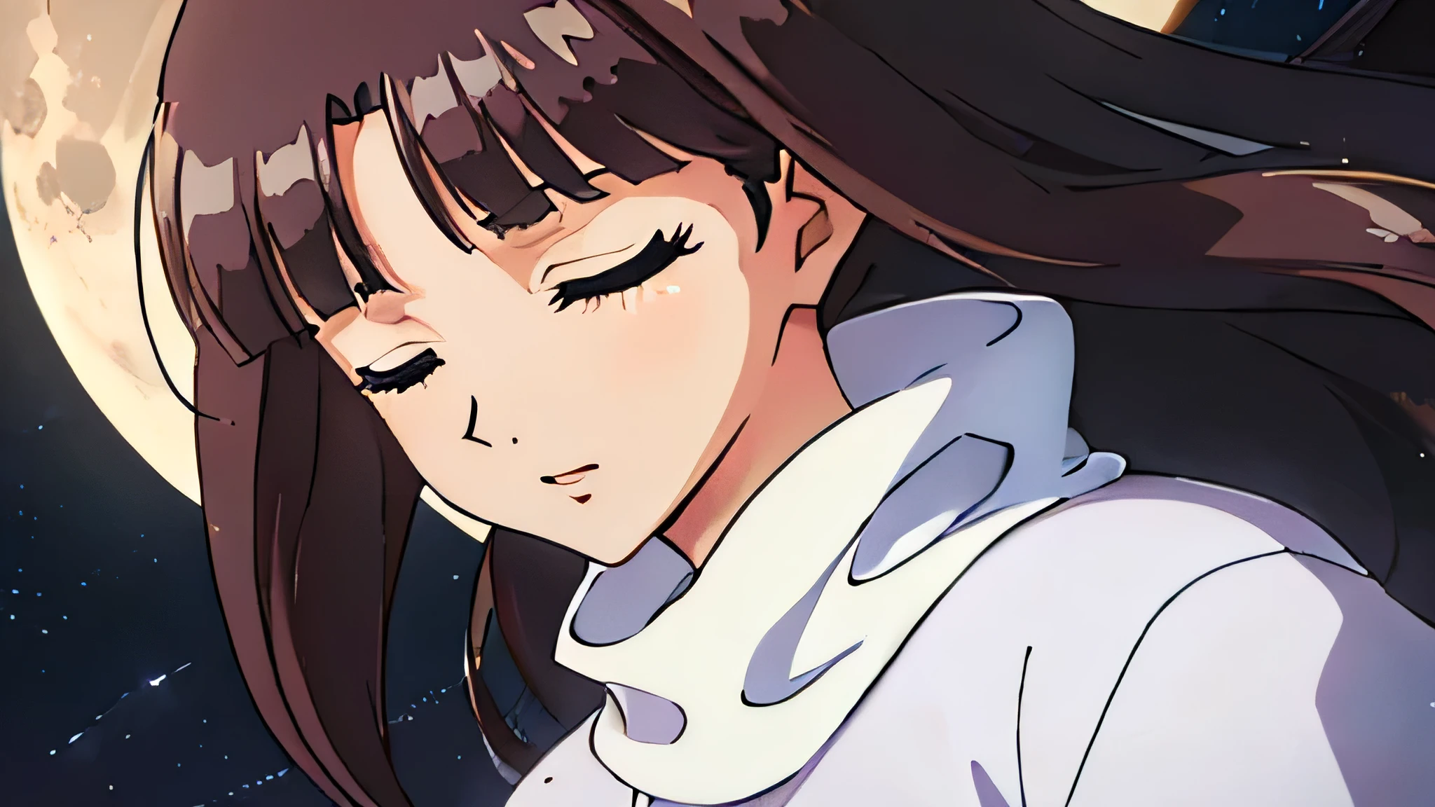 high resolution, High neck, White dress, Beautiful long hair, Close-up of the chest, I close my eyes and pray, The moon is out in the starry sky, A Japanese-style woman,