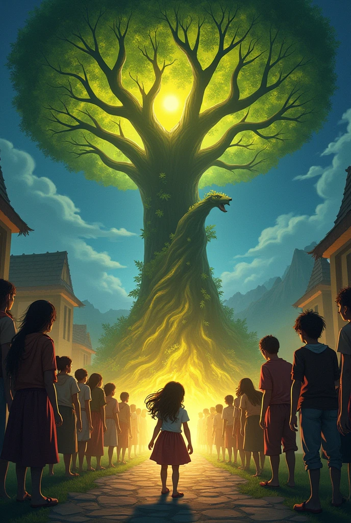 A brave "" girl with a determined look, walking towards the Magic Tree. The tree’s glow brightens as she gets closer, and the surrounding villagers watch her with a mix of excitement and concern.