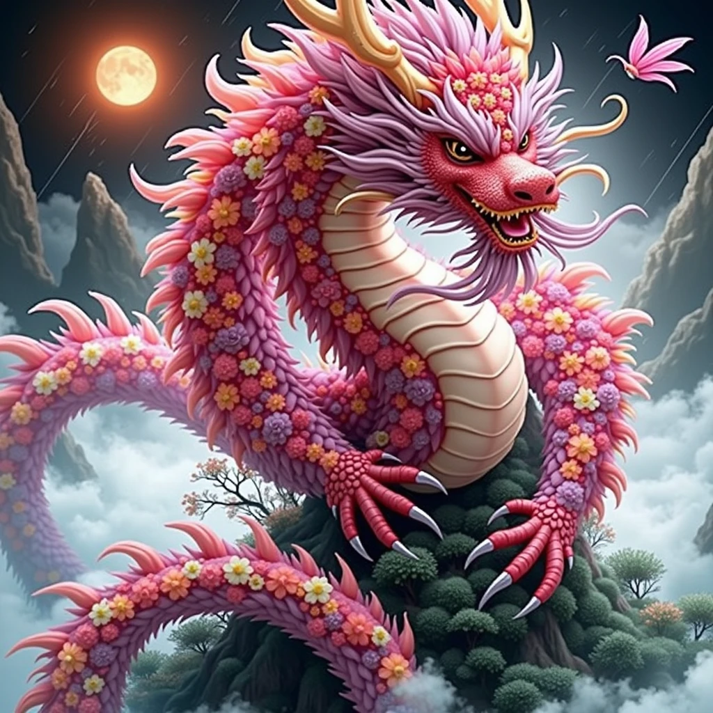 God-like quality, Godly Art, Huge Chinese dragon,Perfect claws,Made entirely of flowers,Flying in the air,Mountain,Mysterious Fog,rain,Mysterious atmosphere,Chinese painting style