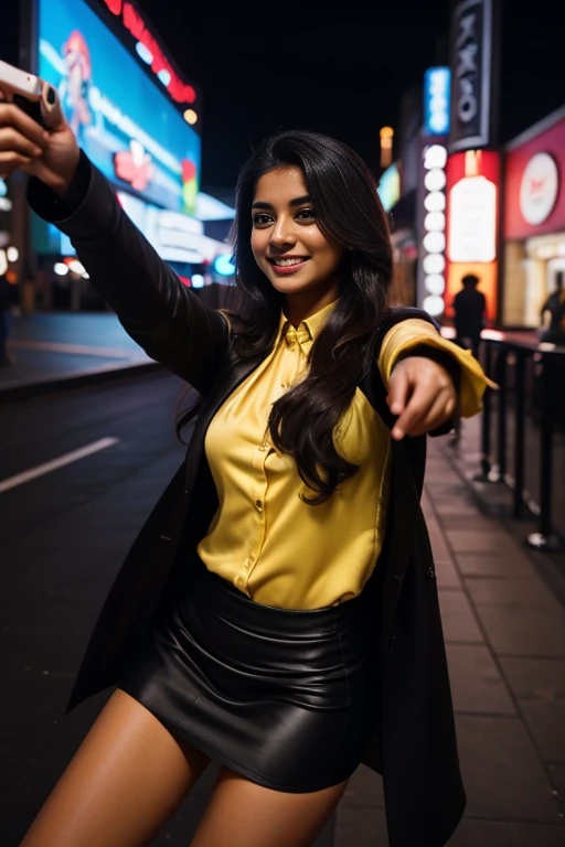 UHD, (selfie bottom view:1.5), 1 gorgeous bengali woman with long wavy hair wearing (Satin shirt:1.0), long black tight skirt, long wool coat, 23 ans, she’s a playboy magazine model, (at night:1.0), in front of a movie theater, sexy pose, flirts with camera, smile, happiness, canon 85 mm, Light depth of field, Kodak Ektar 200, perfect fit body, extreme details ,UHD