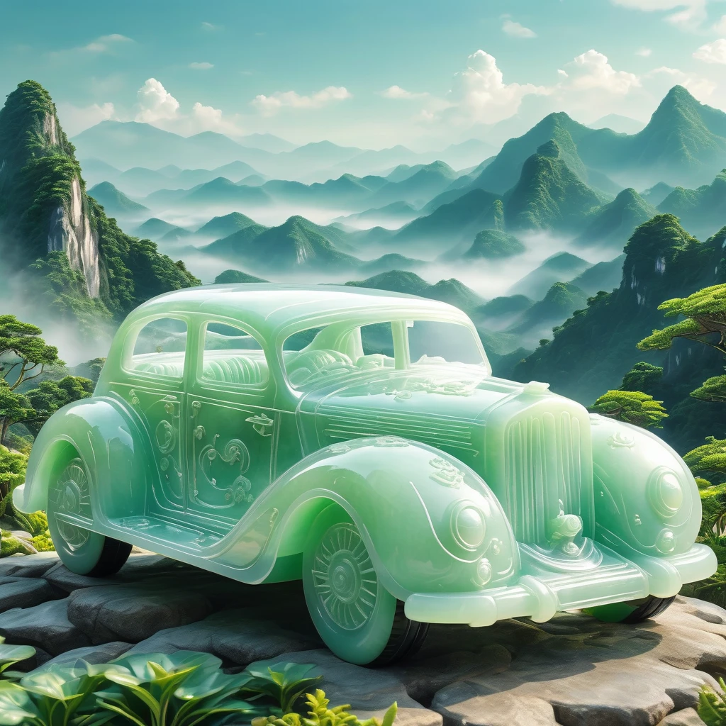 best quality, very good, 16K, ridiculous, Very detailed, Giant Future Car,Made of translucent white jadeite, Background mountain top((A masterpiece full of fantasy elements))), ((best quality)), ((Intricate details))(8K)