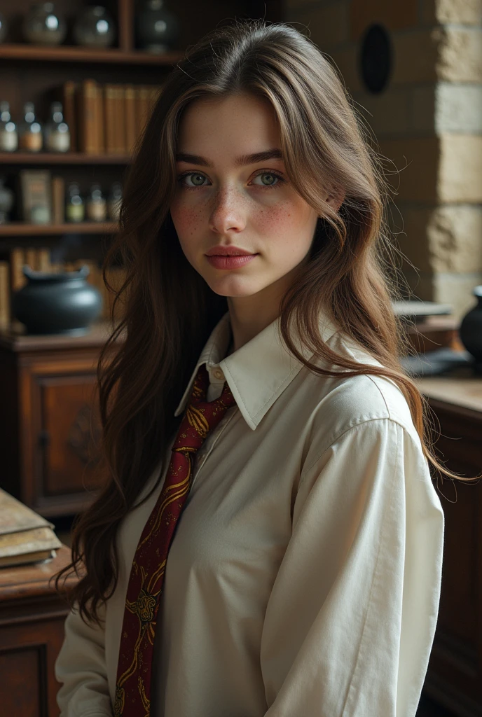 Very pretty 17 year old girl with brown hair, toffee brown eyes, pale skin, and freckles. Dressed in long-sleeved white button-up shirt and Gryffindor tie. Background of Potions classroom. Realistic detailed lifelike photograph