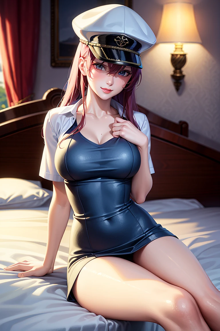 (best quality,highres,photorealistic:1.2),portrait,girl, both leg spread,bed,sexy pose,beautiful detailed eyes, light smile, blushing face, beautiful detailed lips,longeyelashes,vivid colors,studio lighting,hat,blue eyes,opened t-shirt