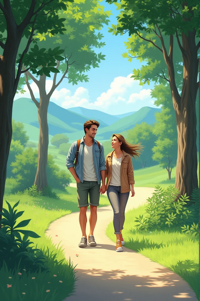 A woman and a man are walking down a path together. The sun is shining and the man is talking to the woman.