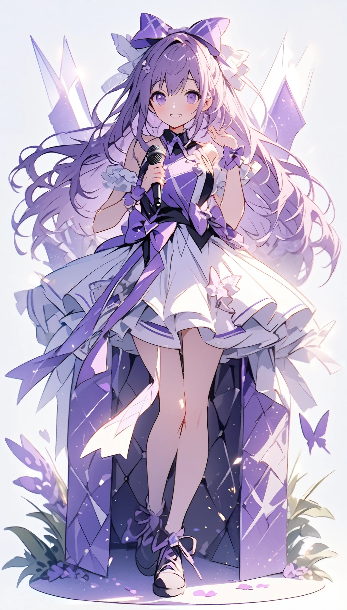 (Background Light Purple:1.4),(Nature illustration:1.3,paper art:1.3, Quilted Paper Art:1.2),(Clear lines, High Sharpness,Best Quality, Very detailed, masutepiece, Movie Light Effects, 4K )(Particles of light:1.0)Background with、Purple petals、long、Purple ribbon on clothes、a cool、Cool Girl、lightsmile、Idol motifs、Purple Theme、Idol、Cool Idol、Idol Costumes、Hold the microphone、full body Esbian、bow ribbon、Purple Knight、stele、Purple idol costume、spot light、Cool smile