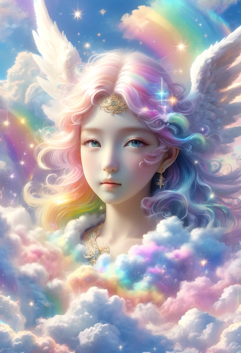 Pastel rainbow clouds、Angel on the cloud、A 20-year-old Japanese-looking angel