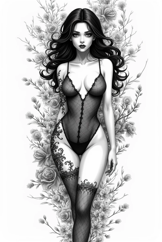 No color, adult coloring book, masterpiece, best quality, intricate details, highly detailed, Black ink on white bacground, stick figure 1 girl with a lot of flowers in background, its fine vector line art, full body portrait of beautyfull girl posing in y pose, Hollywood glam, beautiful line art, black and white comic style, manga style, black and white coloring , Extremely detail Disney banksy art sticker, full body fantasy character unclad wearing only a bodysuit made of fishnet, soul, digital illustration, comic book style, steampunk noierfect anatomy, approaching perfection, dynamic, highly detailed, artstation, concept art, sharp focus, illustration, art by Carne Griffiths and Wadim Kashin, by zer0pixels.