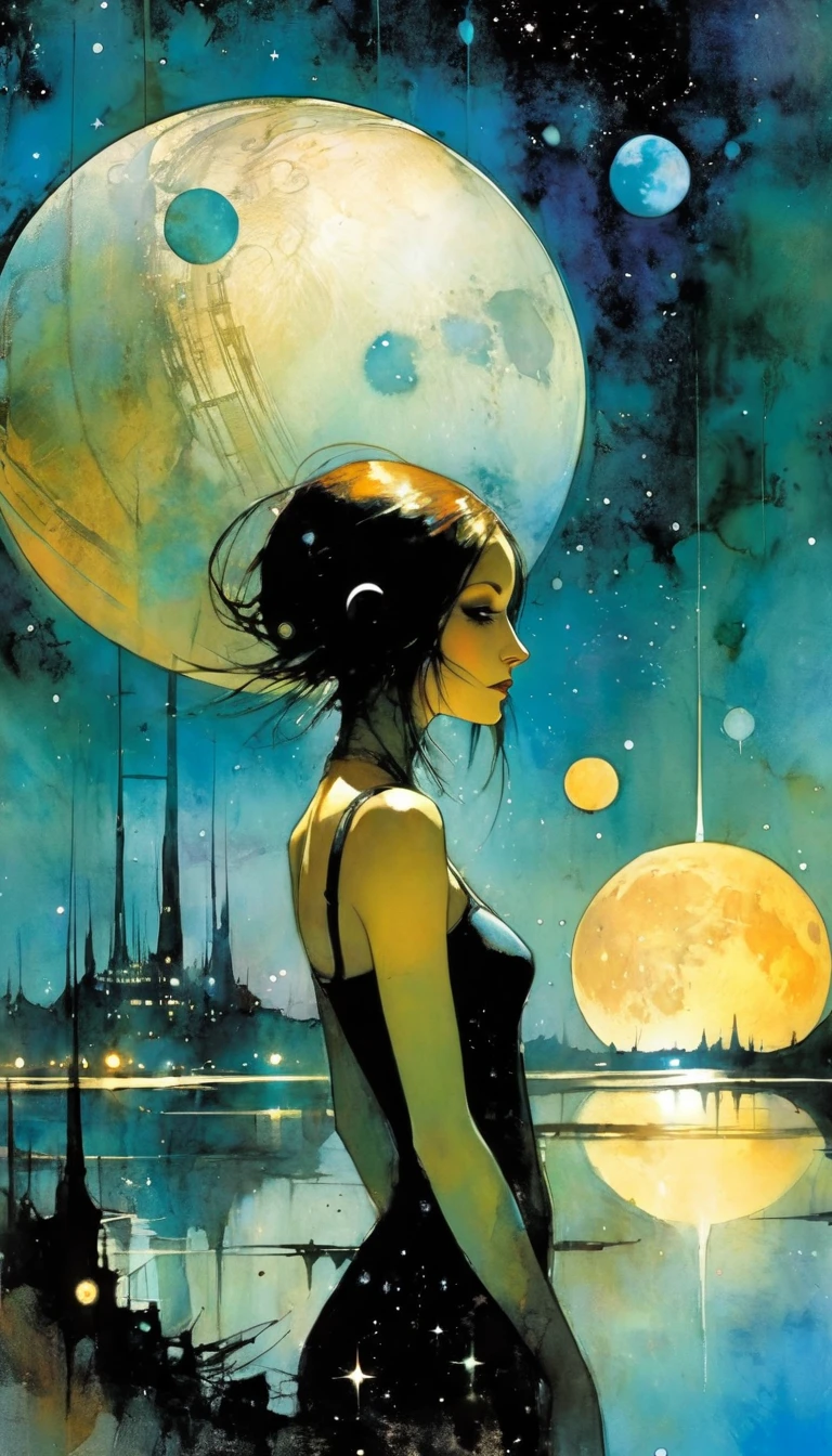 futuristic world, calm, night, moons, stars, art inspired by Bill Sienkiewicz and Dave McKean