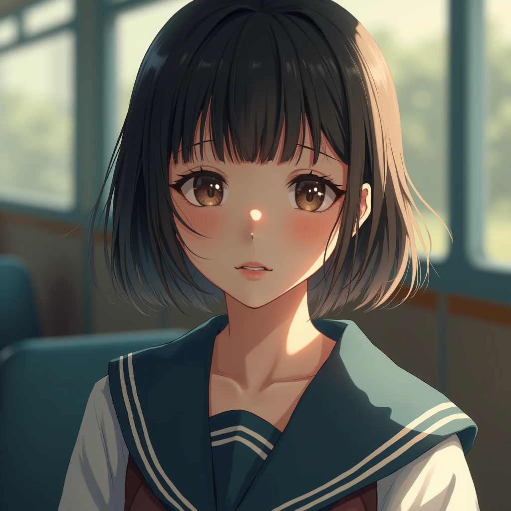 Highest quality, Face Focus, Soft Light, Ultra-high resolution, (Realistic:1.4), RAW Photos, 1 Japan, alone, cute, (A shy smile:0.5), (Brown eyes, Light in your eyes), Beautiful face in every detail, (Small box),(High resolution detail of human skin texture), (Short Bob Hair), break, In the classroom,Navy uniform, Best, skirt