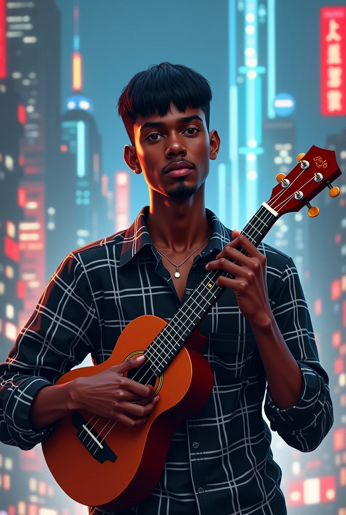 AnythingElse V4, homme mamgache , holding a Ukulele, cheveux noirs, frange, chemise à carreaux noir et blanc, fond ville futuriste, 