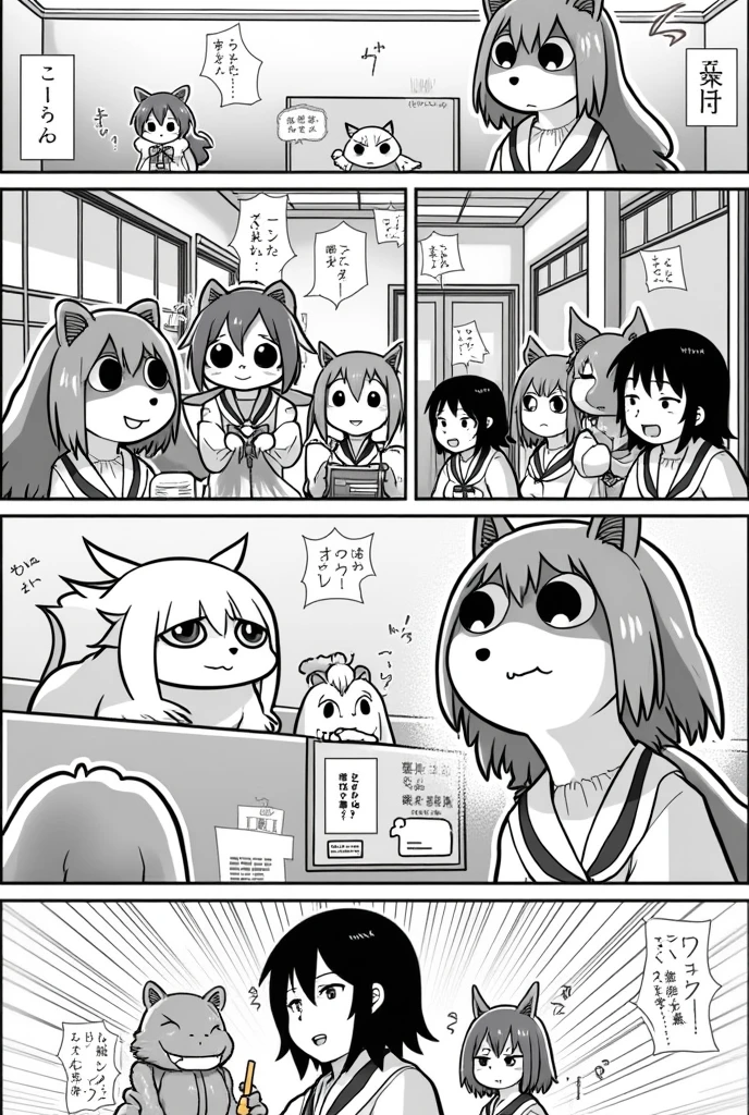 Multiple Drawings in One divididos en viñetas de manga , traditional anime style that portrays various situations of anthropomorphic animals not having a healthy coexistence in school that is very evident these situations (different with different animals)

#Multiple Drawings in One
#manga
#blancoynegro