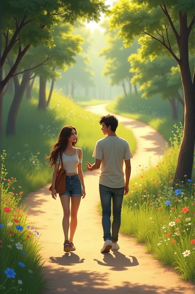 A woman and a man are walking down a path together. The sun is shining and the man is talking to the woman.