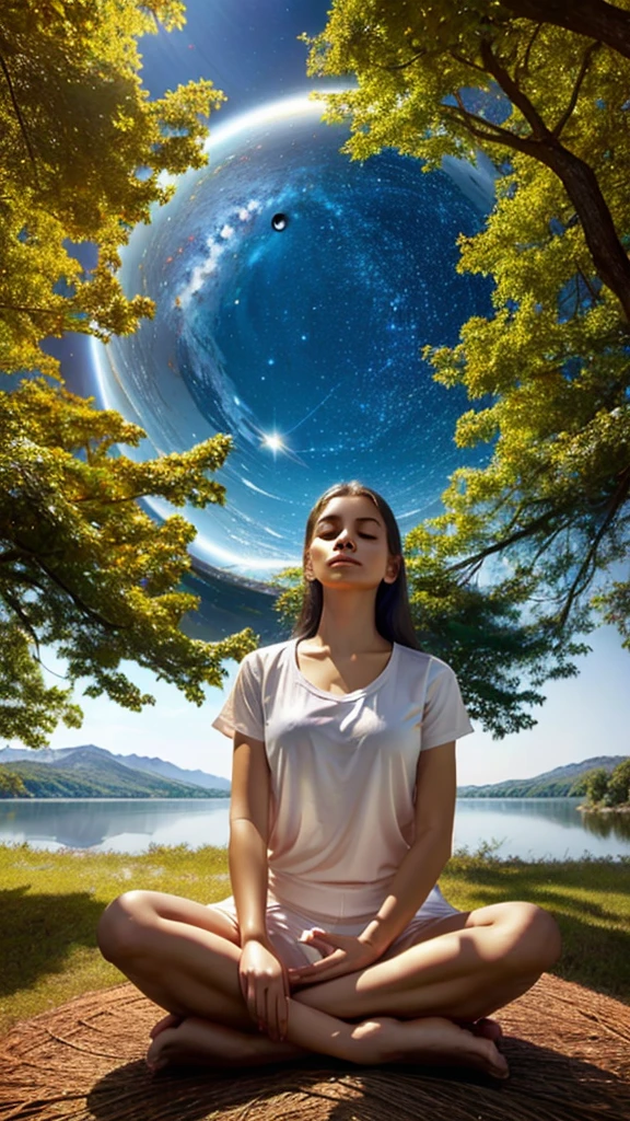 A Spiritual Utopia: A State of Inner Wholeness and Serenity, A portrait depicting a young woman, wearing three white t-shirts and blue denim shorts, sitting in a meditative pose, floating in the air. The center of the image is a glowing golden spherical tree, forming a circle. The branches and roots are filled with golden and silver leaves. The background should include a serene lake reflecting the night sky, filled with stars and showcasing the Milky Way galaxy. In the distance, there should be silhouettes of mountains beneath the stars., The atmosphere is serene and luxurious..