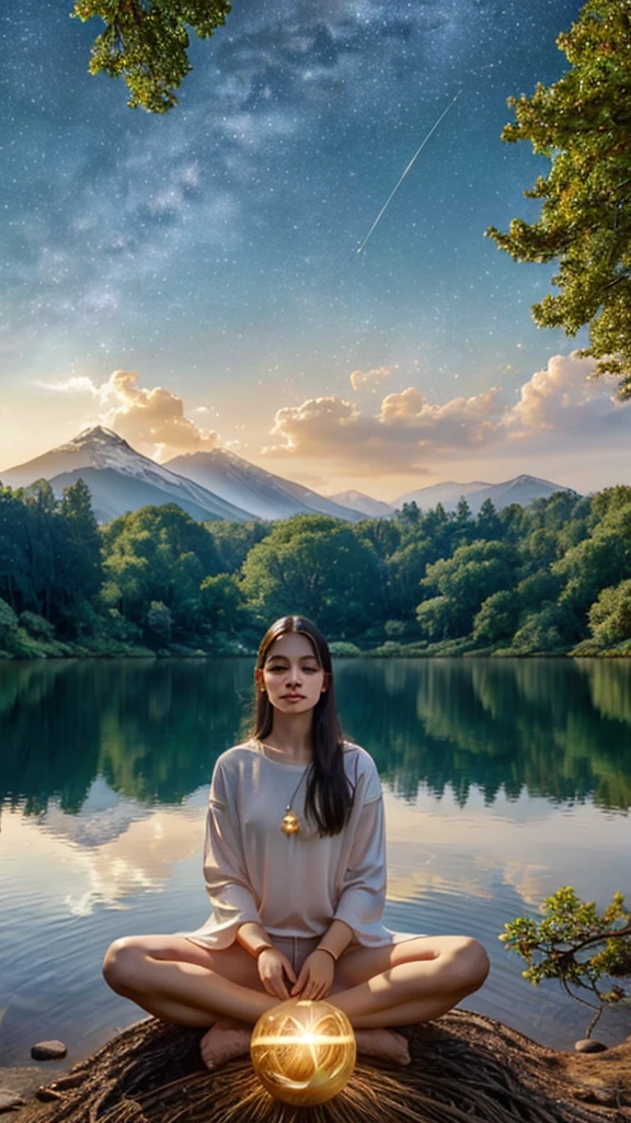 A Spiritual Utopia: A State of Inner Wholeness and Serenity,  A portrait depicting a young woman, wearing three white t-shirts and blue denim shorts, sitting in a meditative pose, floating in the air. The center of the image is a glowing golden spherical tree, forming a circle. The branches and roots are filled with golden and silver leaves. The background should include a serene lake reflecting the night sky, filled with stars and showcasing the Milky Way galaxy. In the distance, there should be silhouettes of mountains beneath the stars., The atmosphere is serene and luxurious..

