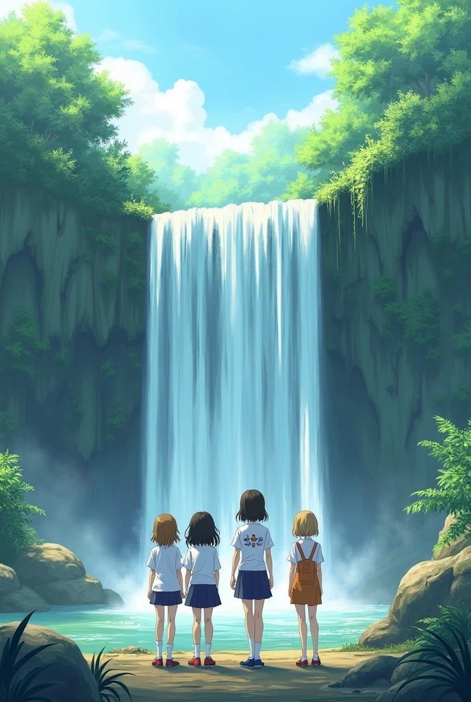 4 girls standing near waterfall wearing white shirt and
design on their dress on one girls us harshu second shizuka third muskan and fourth shivu