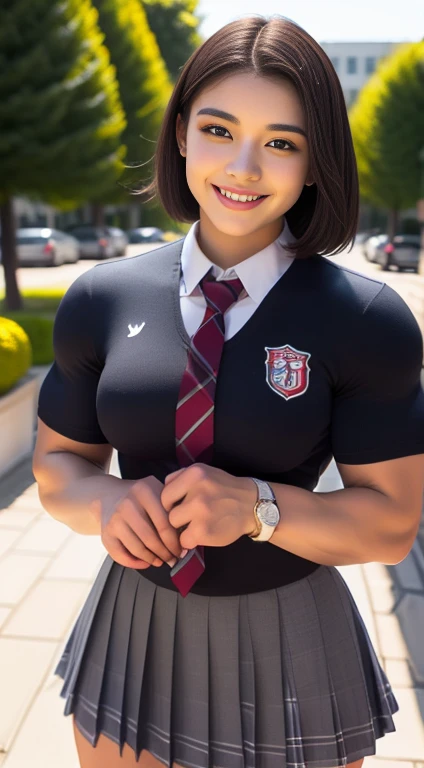 ((Girls' High School Uniforms))、((1people))、short hair、close to subject、((Upper body))、((School flower beds)))、(((smile)))、(((Girls' High School)))、((beautiful girl))、Photoreal、detailed and beautiful eyes、hyper realism、high contrast、ultra hd、realistic skin texture、best image quality、highest quality、超A high resolution、small details、very politely
