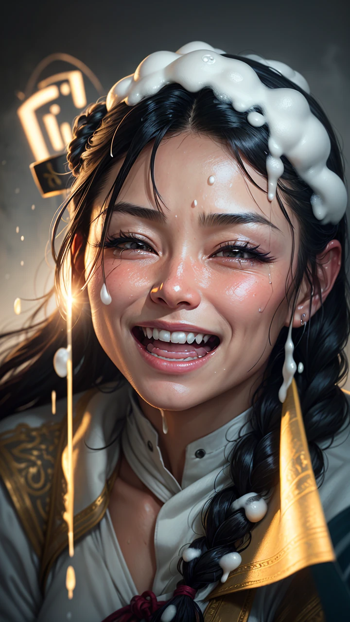 Dramatic lighting, deep shadows, extreme close up view, head only, Michelle Yeoh, braided hair, wet skin, dewy skin, dribbles of white slime on face, dribbles of white slime in hair, eyes tightly closed, smiling, laughing mouth wide open, gasping, shouting, crying out, orgasm face