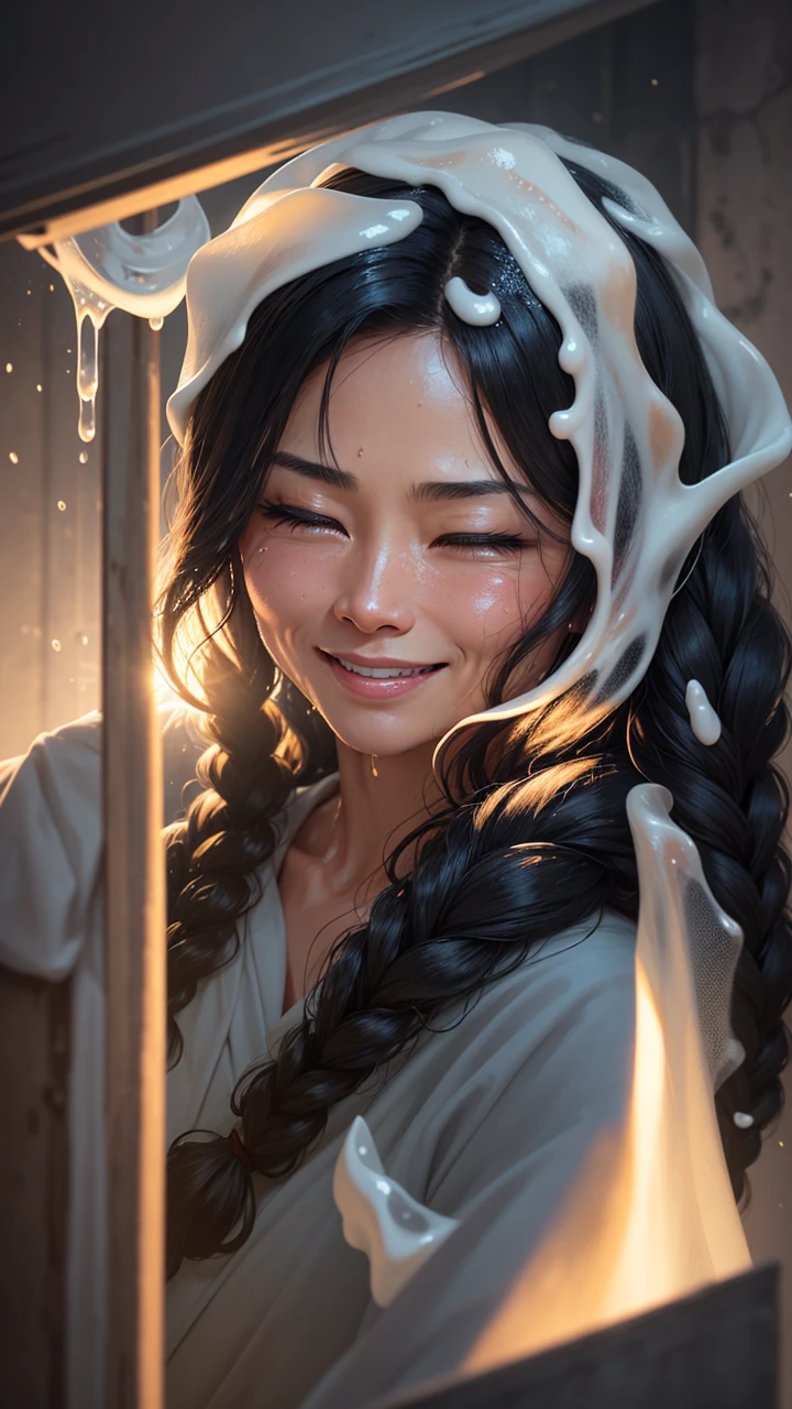 Dramatic lighting, deep shadows, extreme close up view, head only, Michelle Yeoh, braided hair, wet skin, dewy skin, dribbles of white slime on face, dribbles of white slime in hair, eyes tightly closed, smiling, laughing mouth wide open, gasping, shouting, crying out, orgasm face