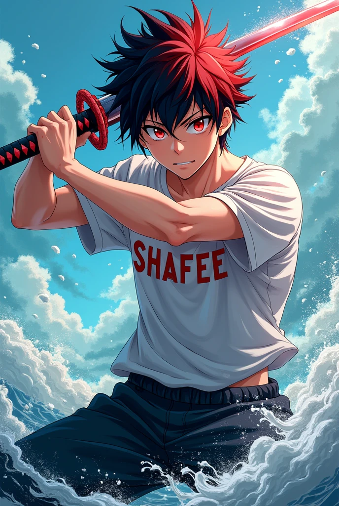 Anime boy black red mixing hair, katana pose, wearing a t-shirt "SHAFEE" written in the tshirt, age 15 , shining red eyes, aura infinity, handsome, pantone soothing sea background 