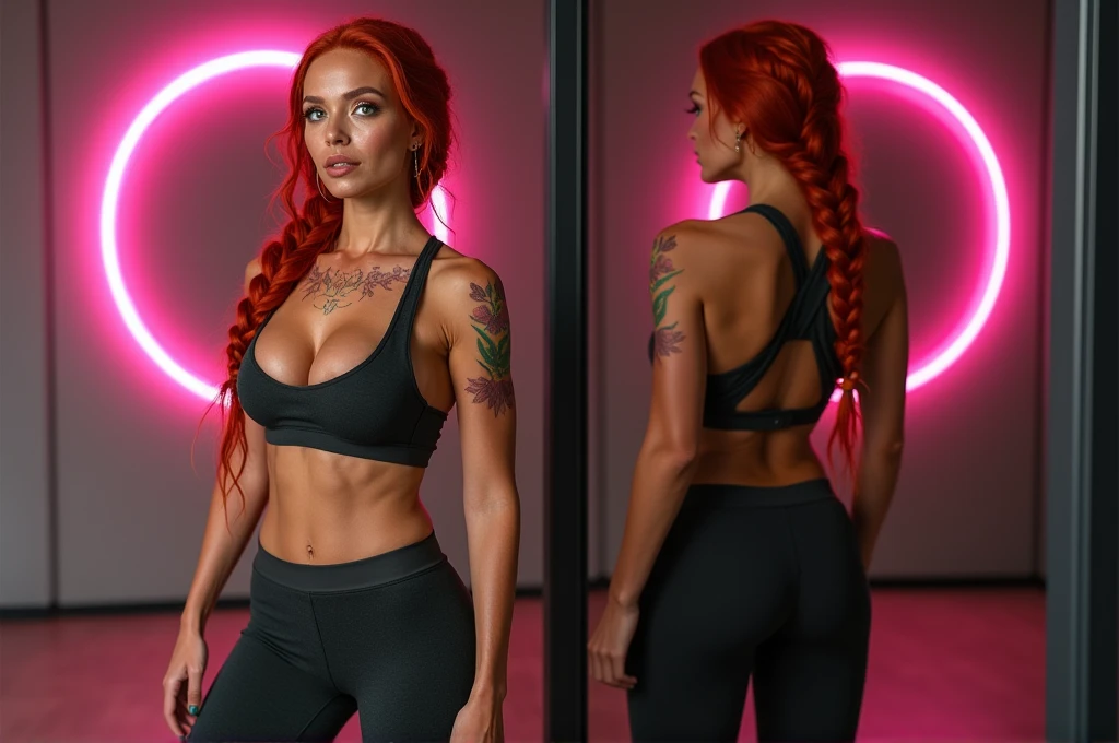 Redhead woman with freckles on her nose. Sexy woman in sporty sexy clothes. Big breasts, curvy medium shapes and bulging buttocks, not much fat on her belly. Several views from the front and back. She is wearing sneakers. Two long braids. Emerald green eyes. High resolution image. Realistic image, sporty ass on the right side of the floor-length mirror and neon pink ring in the background. -imagine - (((best quality))), nsfw     -imagine - -imagine -