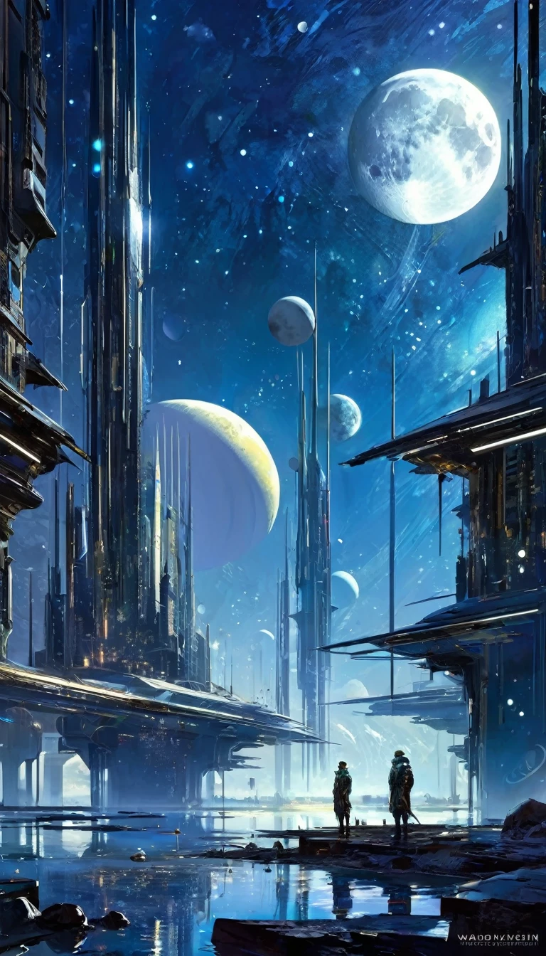 futuristic world, calm, night, moons, stars, art inspired by Wadim Kashin