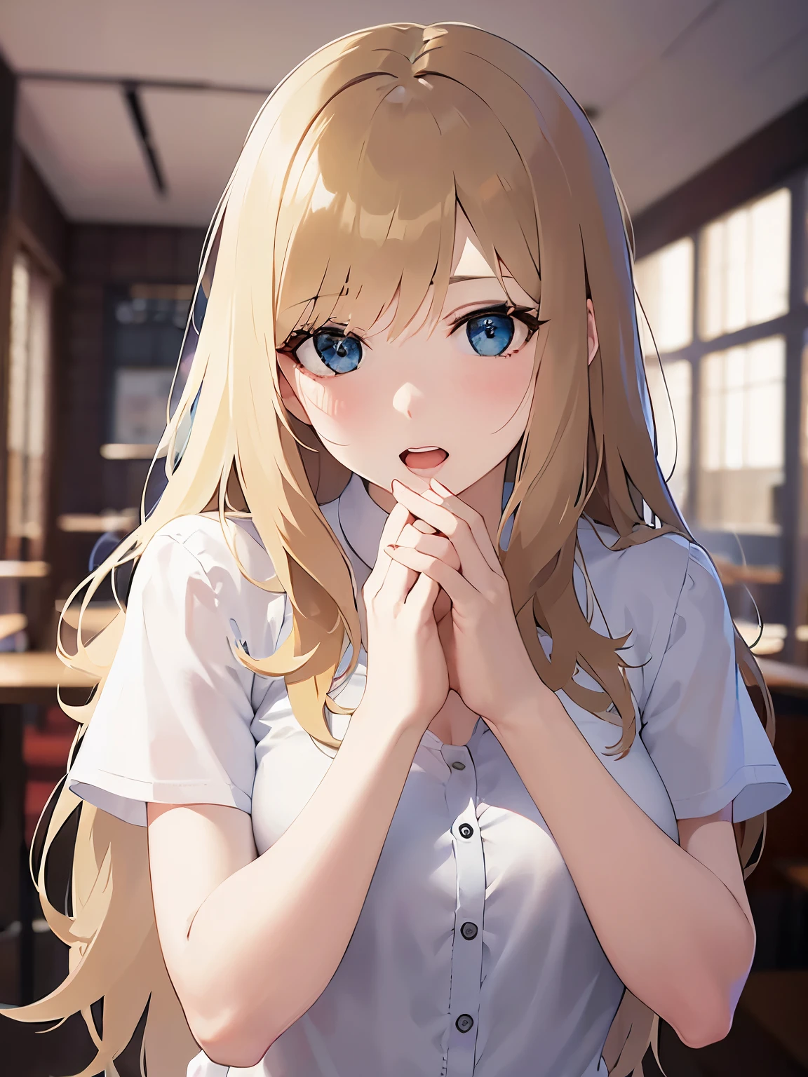 clasping own hands, Upper Body, Realistic, real person, (pale skin: 1.2), RAW photo, photorealistic, shiny skin, shiny hair、(A 25-year-old woman with medium-length hair and bangs) and (wavy hair) and (Blonde Hair) and (green eyes) , BREAK (white blouse) BREAK 、open mouth, confused, The background is the interior of a cafe、Alone、Are standing