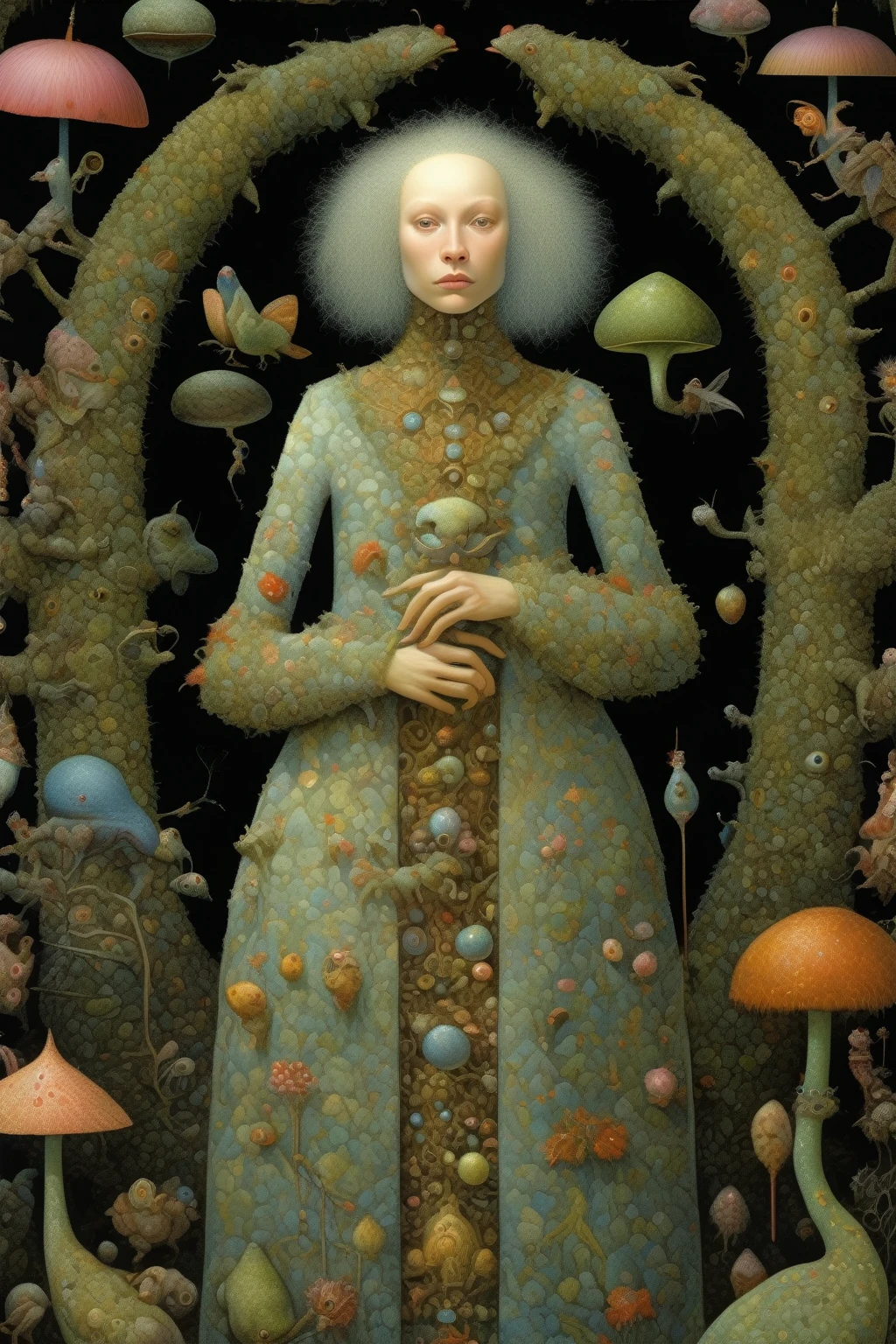 James C. Christensen Style - The Surrealism of James C. Christensen doesn't leave us indifferent, Quite the opposite, Colored in pastel tones, we、We can see a character with a perfectly symmetrical body that takes us to a dreamlike world of nature., Characters transform to become part of it, Black background