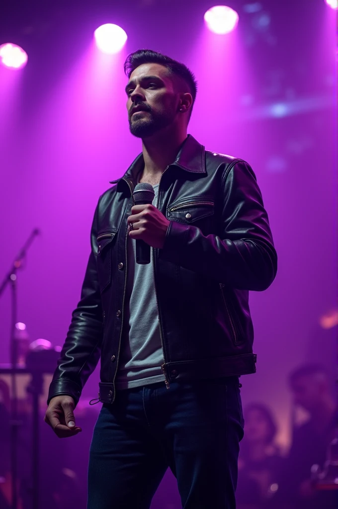Handsome man crew cut hair wearing leather jacket and jeans, singing on the stage, purple spotlight, karaoke party