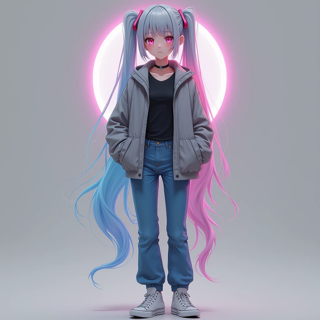 Girl, anime, Height: 5'10
Hair color: Grey and Rainbow
Eye color: Dark Pink
Clothes: Grey Jacket, black shirt, blue jeans, white converse shoes