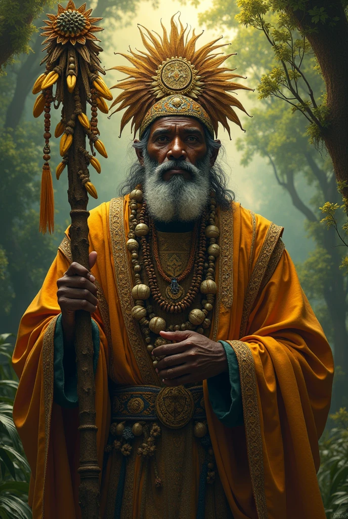 Create a beautiful image of the orisha Obaluaiyê, create an image based on the orisha of Candomblé, beautiful and with a lot of protection., with his xaxara in his hand decorated with cowries.
