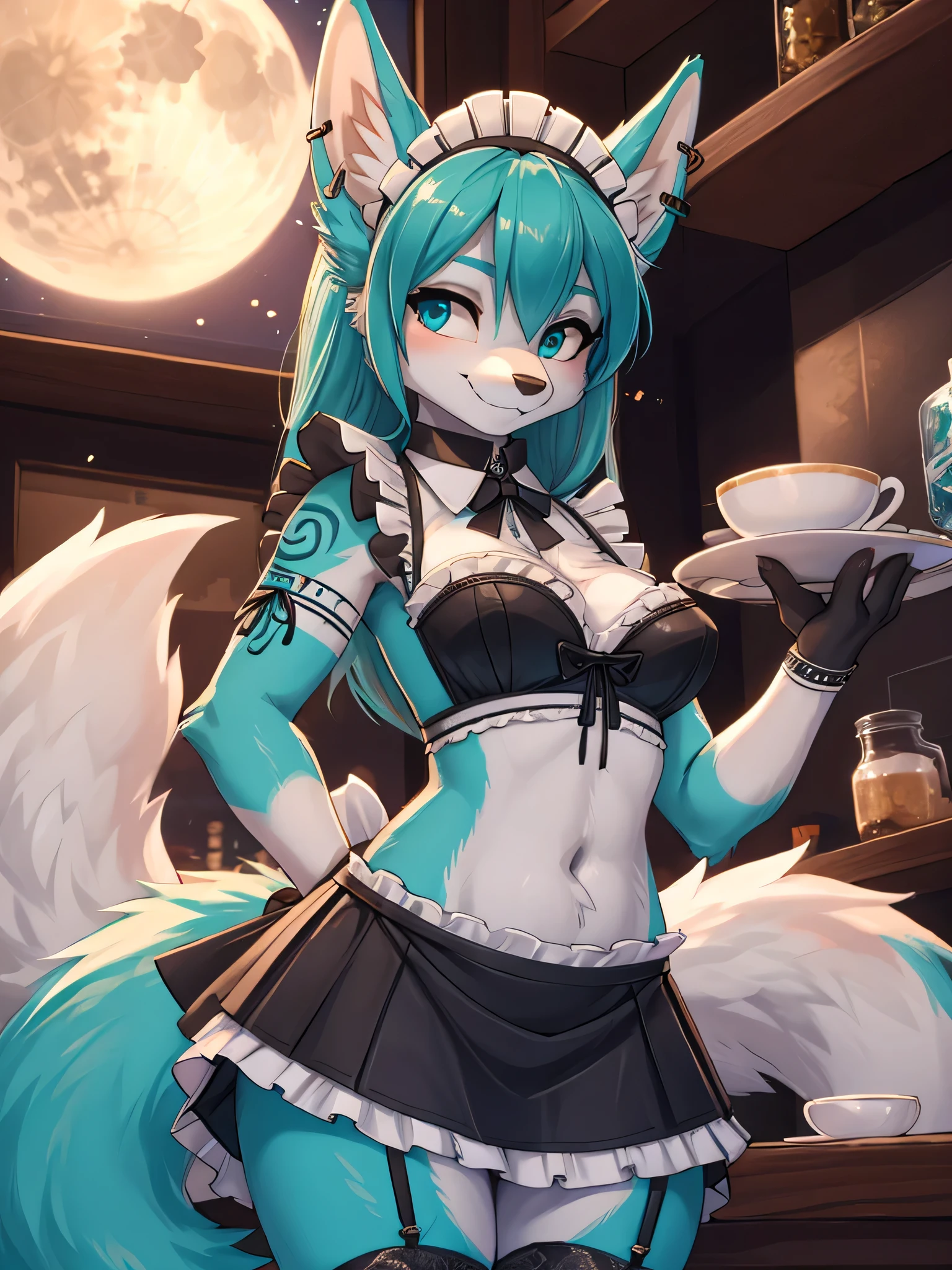 Miku Hatsune, add high definition_detail:1, blue fur,kitsune ears, tribal tattoo add_detail:1, posing during a full moon showing off her beautiful figure and her outfit. (Maid lingerie, maid mini skirt)sweaty body add_details:1, smiling add_detailsl:1, ear piercing add_detail:1, in a coffeshop