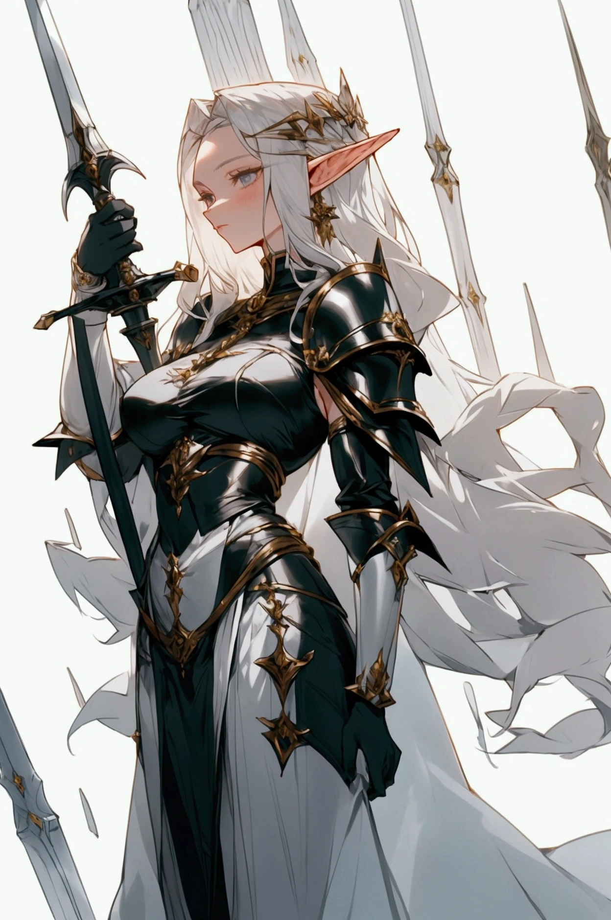 Elara the elf girl, also known as the Silver Wolf, is a descendant of an ancient royal family with powerful magic. Her experience in tracking and hunting makes her an invaluable assistant in protecting the forests of the elf kingdom. She is known for her long flowing silver-white hair and platinum eyes.She has fair skin, she has a beautiful figure with delicate skin and perfect curves of the body, with breasts like a melon.She wields a silver blade.She is wearing white clothes, black stockings and metal shoulder pads with handcuffs.